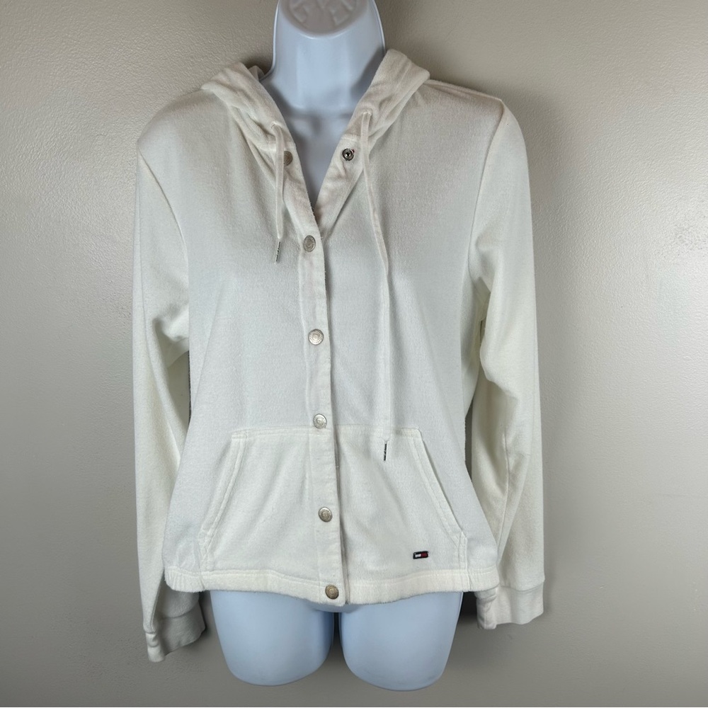 Vintage Tommy Hilfiger Hooded Cardigan Womens Large White Terry‎ Cloth Y2K Snap